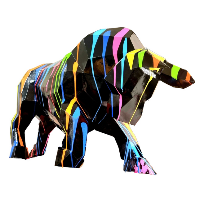 Sculpture Taureau Résine Origami 100 cm Noir & Multicolore – Statues Design