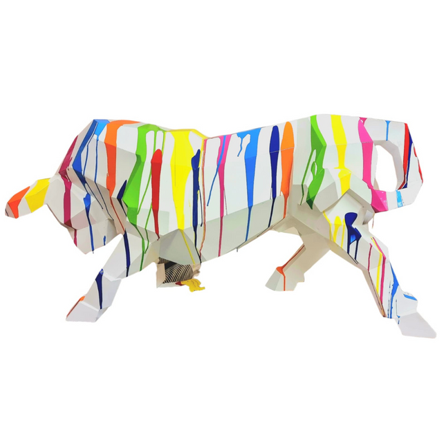 Sculpture Taureau Résine Origami 100 cm Blanc & Multicolore – Statues Design