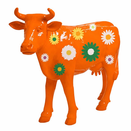 Sculpture Vache XXL en Résine 140 cm Orange Fleuri – Statues Design