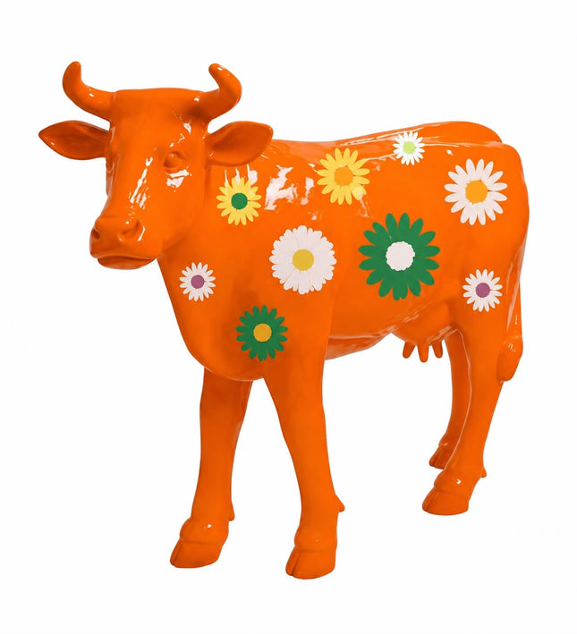 Sculpture Vache XXL en Résine 140 cm Orange Fleuri – Statues Design